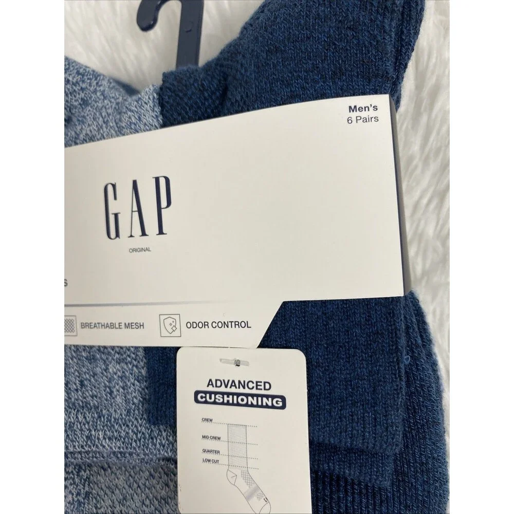 Gap Socks Men’s 6 Pair Navy Blue White Cushioned Mid Crews Casual Size 6-12